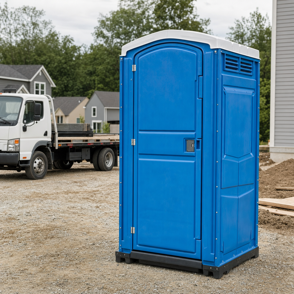Delivery driver positioning a clean royal-blue portable toilet on level ground at a Madison worksite