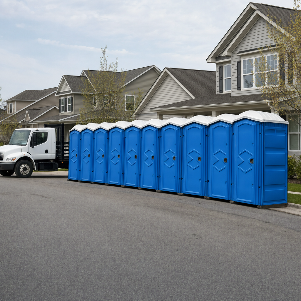 Royal blue portable toilets staged in a tidy row at a Madison jobsite, ready for delivery